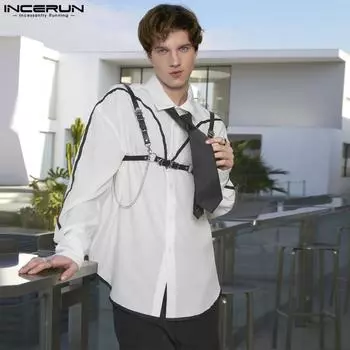 INCERUN Мужские весенние рубашки с цветными пуговицами и длинными рукавами S чёрный