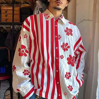 INCERUN Мужские весенние рубашки с цветочным принтом и длинным рукавом, повседневные топы с лацканами S белый