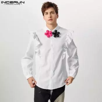 INCERUN Мужские весенние рубашки с цветочным принтом и длинным рукавом с оборками на лацканах M чёрный