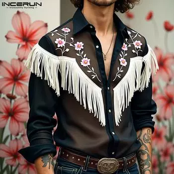 INCERUN Мужские весенние рубашки с длинным рукавом и вышивкой на пуговицах, повседневные топы S чёрный