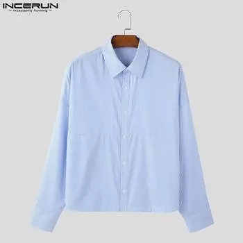 INCERUN Мужские весенние рубашки с лацканами и длинным рукавом в полоску с принтом, короткие топы S чёрный