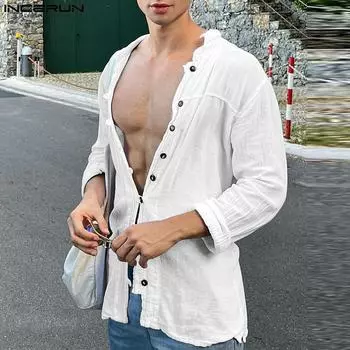 INCERUN Мужские весенние рубашки с отложным воротником и длинными рукавами на пуговицах