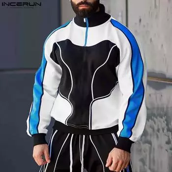 INCERUN Мужские весенние свитера с длинным рукавом на молнии в стиле пэчворк, толстовки, уличная одежда S чёрный