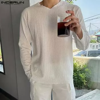 INCERUN мужские весенние текстурированные топы с длинными рукавами повседневные свободные однотонные пуловеры L белый