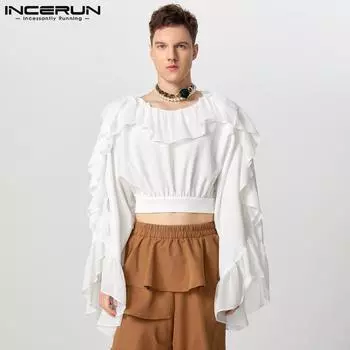 INCERUN Мужские весенние укороченные топы с длинным рукавом Повседневные футболки с оборками и нестандартной формы 3XL чёрный