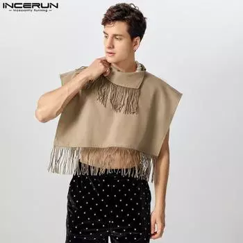 INCERUN Мужские весенние водолазки, однотонные плащи, нестандартные пальто, накидка с кисточками S красный