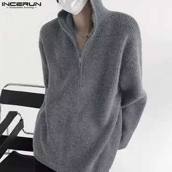 INCERUN мужские весенние вязаные теплые свитера с капюшоном на молнии