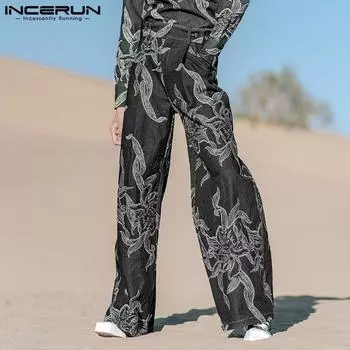 INCERUN Мужские винтажные брюки с карманами на молнии и цветочным принтом, повседневные длинные широкие брюки XL синий