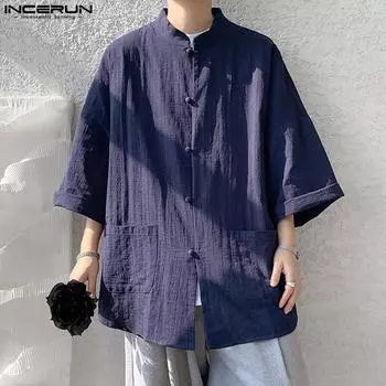 INCERUN мужские винтажные хлопковые рубашки с рукавом 3/4 в китайском стиле кунг-фу с пряжкой