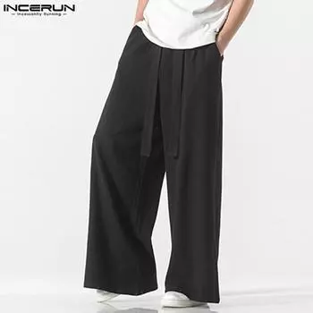 INCERUN мужские винтажные хлопковые широкие брюки с эластичной резинкой на талии, длинные брюки