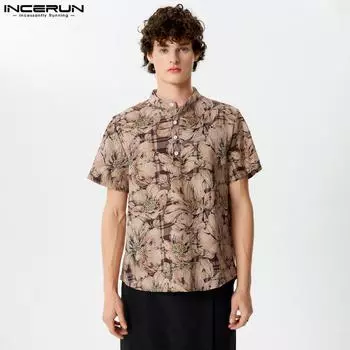 INCERUN Мужские винтажные летние хлопковые рубашки с короткими рукавами и принтом 3XL хаки