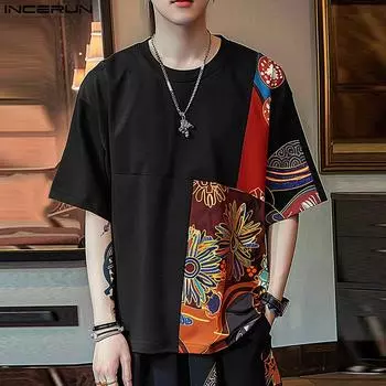 INCERUN Мужские винтажные принты с коротким рукавом, повседневные футболки в стиле пэчворк S чёрный