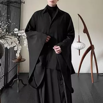 INCERUN Мужские винтажные свободные рубашки в готическом стиле на пуговицах с рукавами «летучая мышь» S чёрный