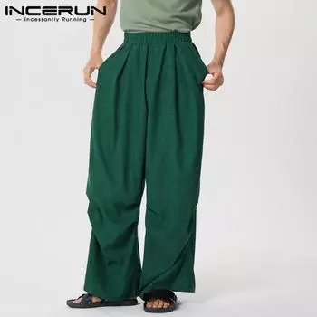 INCERUN Мужские винтажные вельветовые теплые широкие брюки с эластичной высокой талией S чёрный