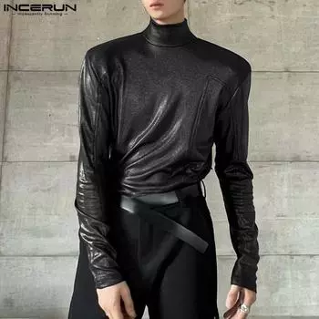 INCERUN Мужские водолазки с длинным рукавом, бархатные блестящие топы, повседневные футболки XL красный