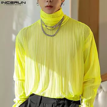 INCERUN Мужские водолазки с длинным рукавом, однотонные сетчатые топы с оборками, прозрачные рубашки XL жёлтый