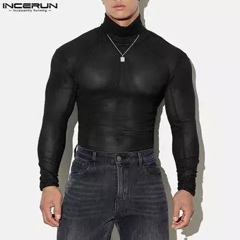 INCERUN Мужские водолазки с длинным рукавом, сетчатые обтягивающие топы, прозрачные футболки, майка M