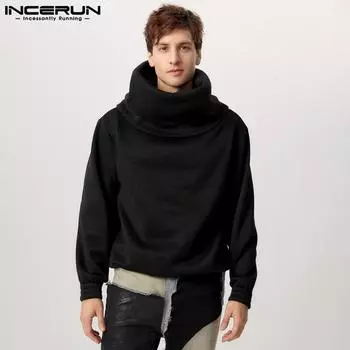 INCERUN Мужские водолазки с длинным рукавом, свободные однотонные пуловеры, толстовки S чёрный