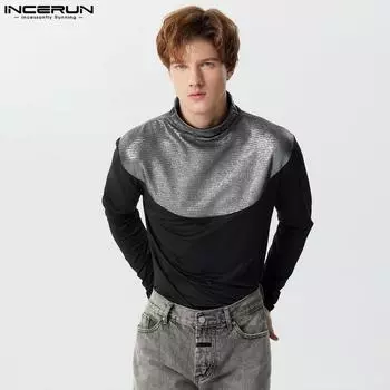 INCERUN Мужские водолазки с длинным рукавом в стиле пэчворк, майки