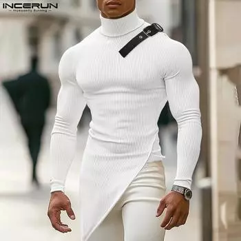 INCERUN Мужские водолазки с длинным рукавом в стиле пэчворк нестандартные топы майки XL чёрный