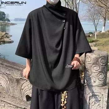 INCERUN мужские водолазки с короткими рукавами летние винтажные свободные футболки