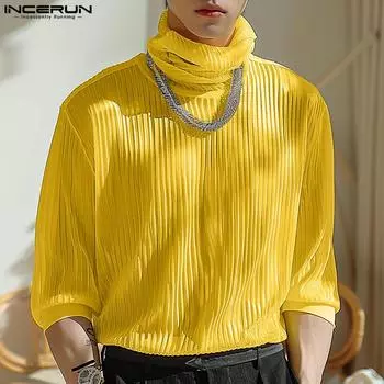 INCERUN Мужские водолазки с рукавами 3/4, текстурированные свитера, повседневные футболки S жёлтый