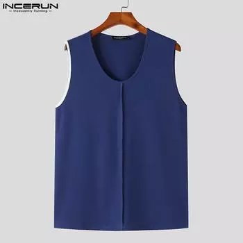 INCERUN Мужские вязаные однотонные летние жилеты без рукавов XL чёрный