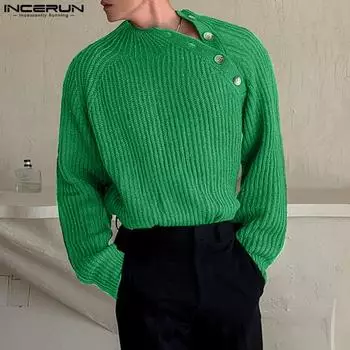 INCERUN Мужские вязаные свитера с длинными рукавами и круглым вырезом на пуговицах