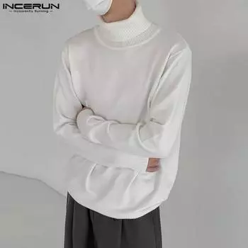 INCERUN Мужские вязаные свитера с высоким воротом и длинными рукавами, топы S белый