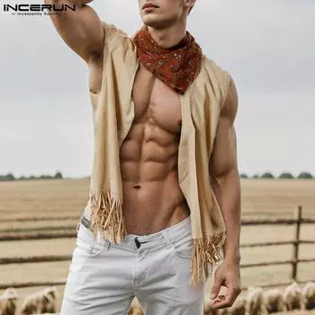 INCERUN Мужские замшевые жилеты-кардиганы с кисточками и открытым передом без рукавов 2XL чёрный