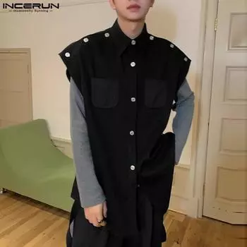 INCERUN Мужские жилеты без рукавов на пуговицах L чёрный