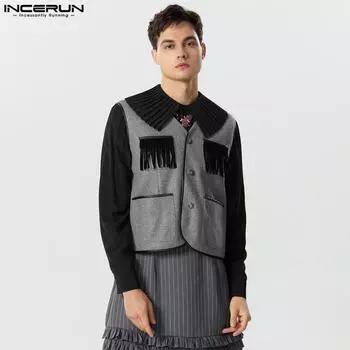 INCERUN мужские жилеты без рукавов с v-образным вырезом и кисточками на пуговицах