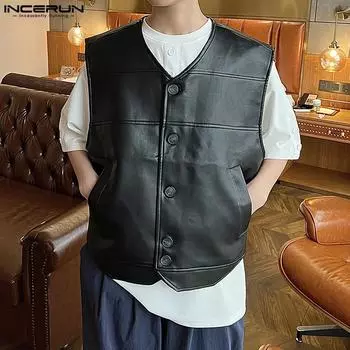 INCERUN мужские жилеты из искусственной кожи без рукавов, черные майки, куртки