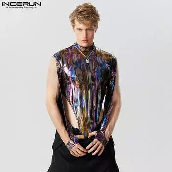 INCERUN Мужское боди с блестками и длинными рукавами и воротником-стойкой