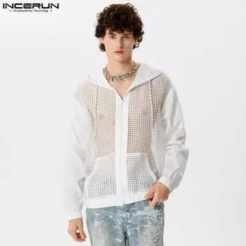 INCERUN Мужское сетчатое лоскутное пальто на молнии с капюшоном, летние куртки XL белый