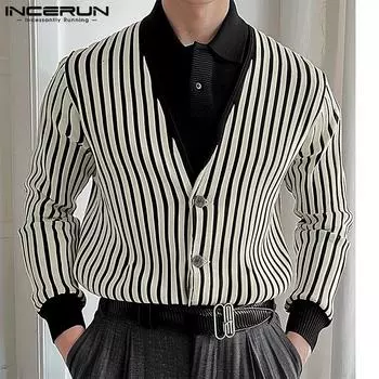 INCERUN Мужское трикотажное пальто с V-образным вырезом и длинным рукавом, полосатые свитера в стиле пэчворк, кардиган 5XL бежевый