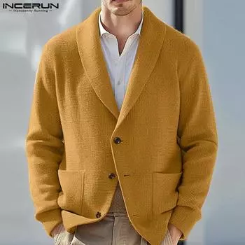 INCERUN Мужское трикотажное пальто с заостренными лацканами и длинными рукавами, на пуговицах, с карманами, трикотажные свитера S жёлтый