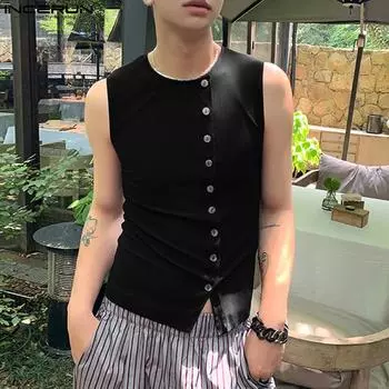 INCERUN Мужской эластичный топ без рукавов с круглым вырезом на пуговицах, летний жилет