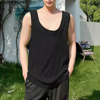 INCERUN Мужской эластичный жилет без рукавов с U-образным вырезом, летние свободные пляжные майки, топы