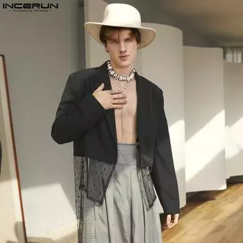 INCERUN Мужской элегантный блейзер с глубоким v-образным вырезом и сетчатым кружевом в стиле пэчворк