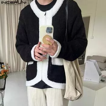 INCERUN Мужской цветной свитер на молнии с длинными рукавами и кардиганом