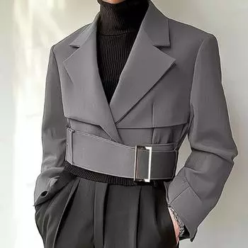 INCERUN Мужской длинный рукав спереди перекрестный ремень лацкан короткий пиджак повседневные тонкие пальто 3XL чёрный