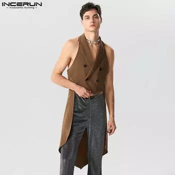 INCERUN Мужской длинный жилет без рукавов с лацканами и нерегулярным подолом L коричневый