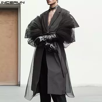 INCERUN Мужской гофрированный сетчатый лоскутный пиджак с длинным рукавом, повседневное длинное пальто для вечеринок M серый