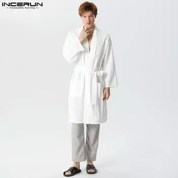 INCERUN Мужской халат с длинным рукавом и открытой передней частью на шнуровке, длинная одежда для сна