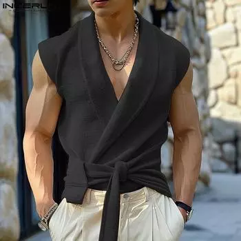 INCERUN Мужской кардиган без рукавов на шнуровке, жилет, повседневный бандажный свободный топ M чёрный