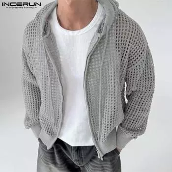 INCERUN Мужской Кардиган с длинным рукавом и капюшоном на молнии с открытыми плечами S серый