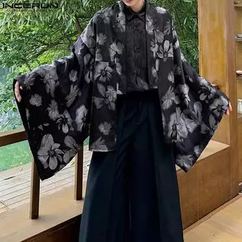 INCERUN Мужской кардиган с рукавами «летучая мышь» с цветочным принтом, свободный кимоно с открытым передом S чёрный