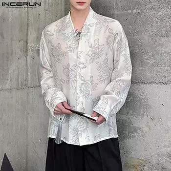 INCERUN Мужской кардиган с V-образным вырезом и длинным рукавом в стиле ретро с цветочным принтом и повседневными топами S