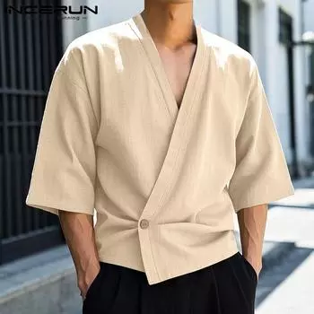 INCERUN Мужской Кардиган с V-образным вырезом спереди и коротким рукавом, свободный, повседневный 2XL